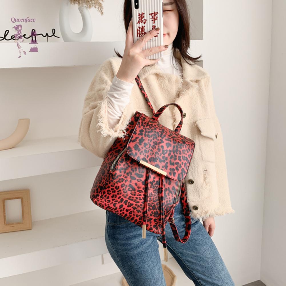 Queen_Fashion Leopard Women Backpack Retro PU Leather Travel Shoulder Schoolbags ☆