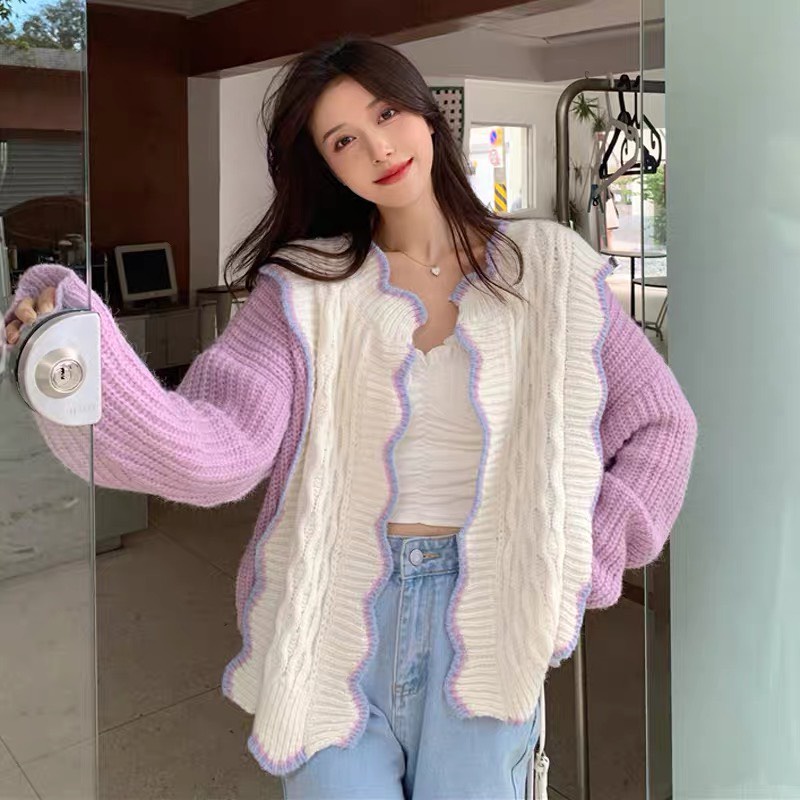 Áo khoác len cardigan nữ kiểu phối tay màu trắng tím | LINIE