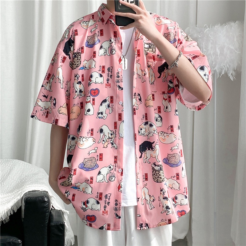 Áo Sơ Mi Nam Ngắn Tay In Hoạt Hình Mèo Và Chó Kiểu Hàn Quốc Trẻ Trung