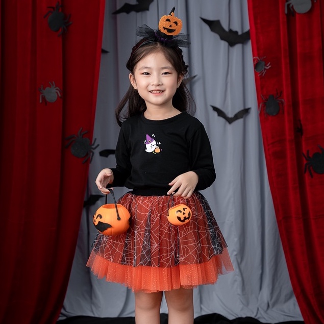 Set đồ halloween bé gái ILABY hoá trang Bí ngô chất liệu thun cotton phối