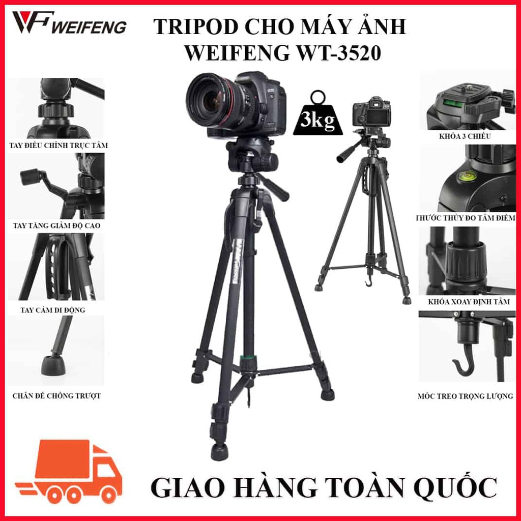 Chân Máy Ảnh Tripod Weifeng WT-3520, khung nhôm cao cấp, cao 1.4m chịu tải 3kg, hỗ trợ chụp hình, có móc treo và túi đeo