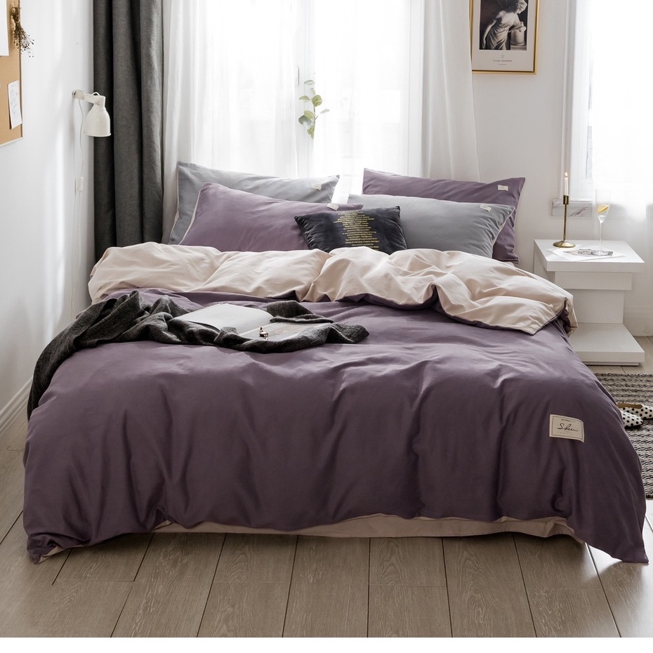 Trọn Bộ Chăn Drap/Ga Trải Giường Cotton Màu Mềm Mịn, Thấm Hút Mồ Hôi Màu TÍM