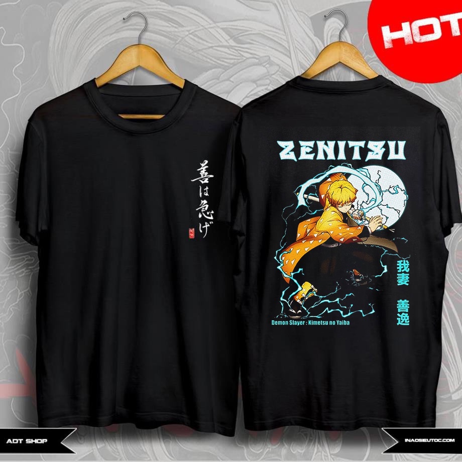 Áo thun anime in hình Rengoku Kyoujurou Viêm đế - Kimetsu no Yaiba - Zenitsu màu đen