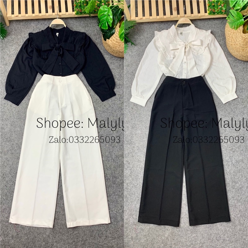 [ MÃ 625 ] ÁO CỔ BÈO CỘT NƠ TAY DÀI + QUẦN SUÔNG ỐNG RỘNG
