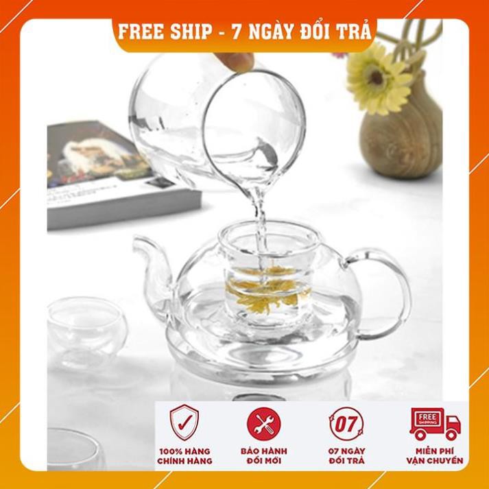 [FREESHIP] Bộ ấm trà thủy tinh 6 chén kèm đế nến châm trà chịu nhiệt dung tích 600ml sử dụng được cả đèn cồn và cốc nến