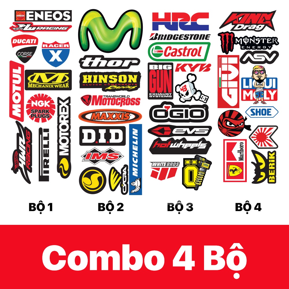 Bộ 10 Tem Dán Xe Máy HRC Ohlins Castrol NKG Motul Liqui Moly HRC Kingdrag Monster - Decal Dán Xe Không