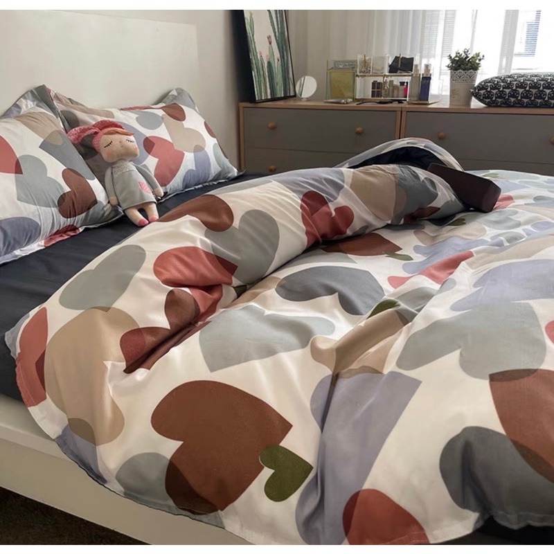 Bộ Chăn Ga Gối Cotton 3D poly trái tim nhiều màu sắc phong cách Hàn Quốc cotton mềm mịn mát tặng kèm vỏ gối ôm cùng bộ