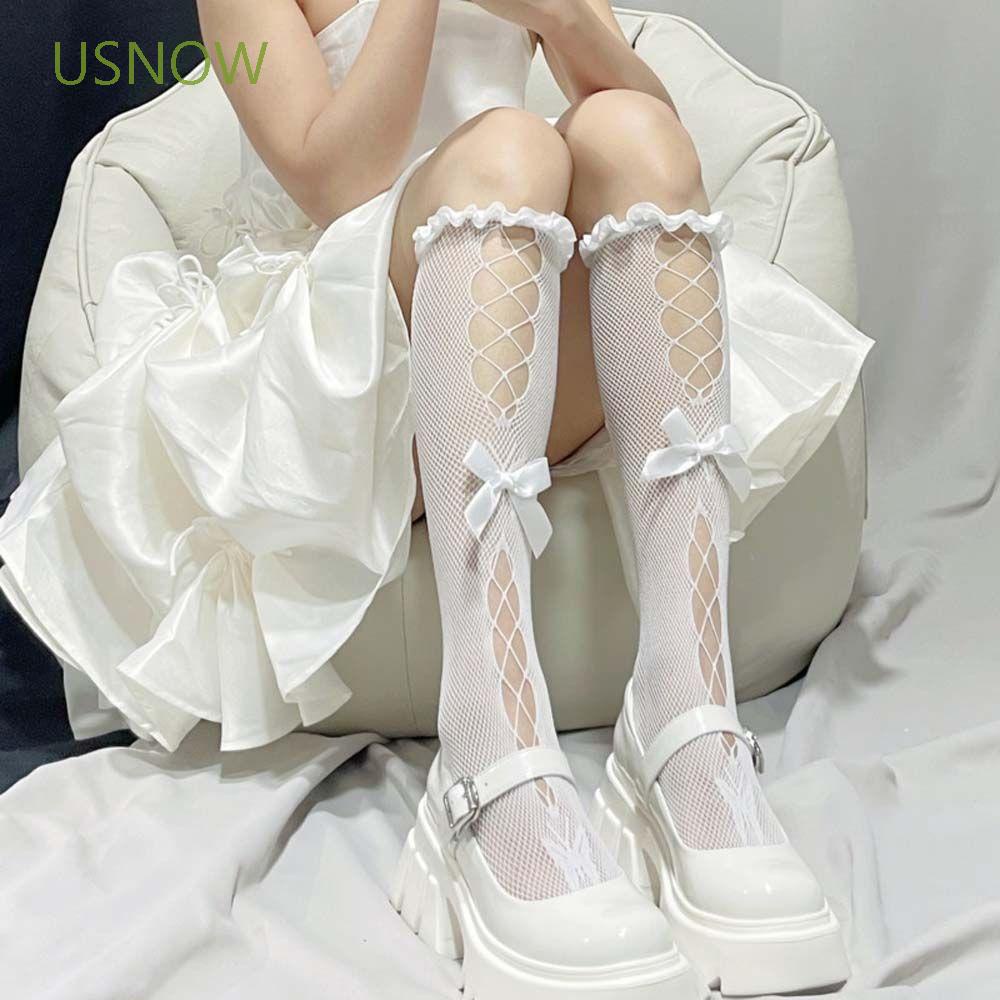 Đôi tất cổ cao ngang đầu gối phối lưới khoét lỗ rỗng co giãn đính nơ phong cách anime Kawaii cho phụ nữ