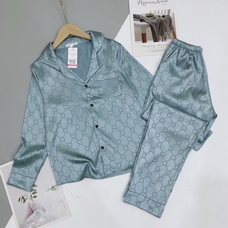 Bộ Pizama Lụa Gấm Dài Tay Hoạ Tiết Tim Pijama Cao Cấp
