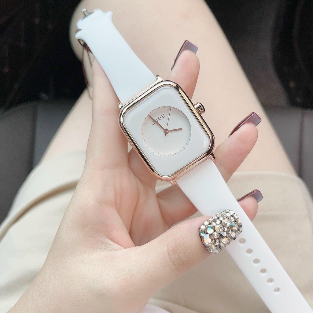 Đồng hồ nữ mặt vuông apple watch chính hãng GUOU dây cao su silicon chống nước viền vàng | BigBuy360 - bigbuy360.vn