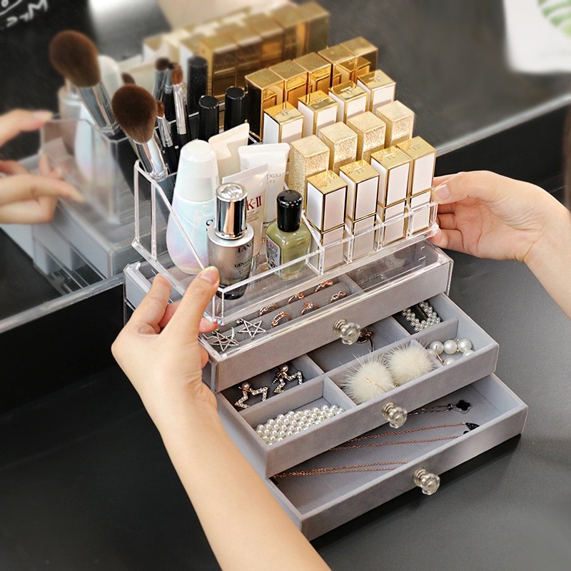Khay nhung đựng trang sức đồng hồ 3 tầng kèm khay mĩ phẩm son 16 ô