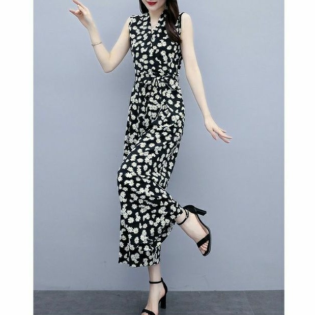 Jumpsuit dài lụa in hoa cúc nhí, bộ jum đồ bay ống rộng không tay có bigsize - HNG