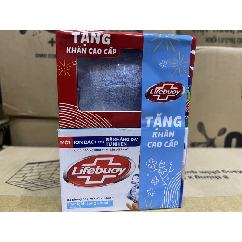 Bộ 3cục Lifebuoy xà phòng mát lạnh sảng khoái 90g tặng kèm khăn mặt