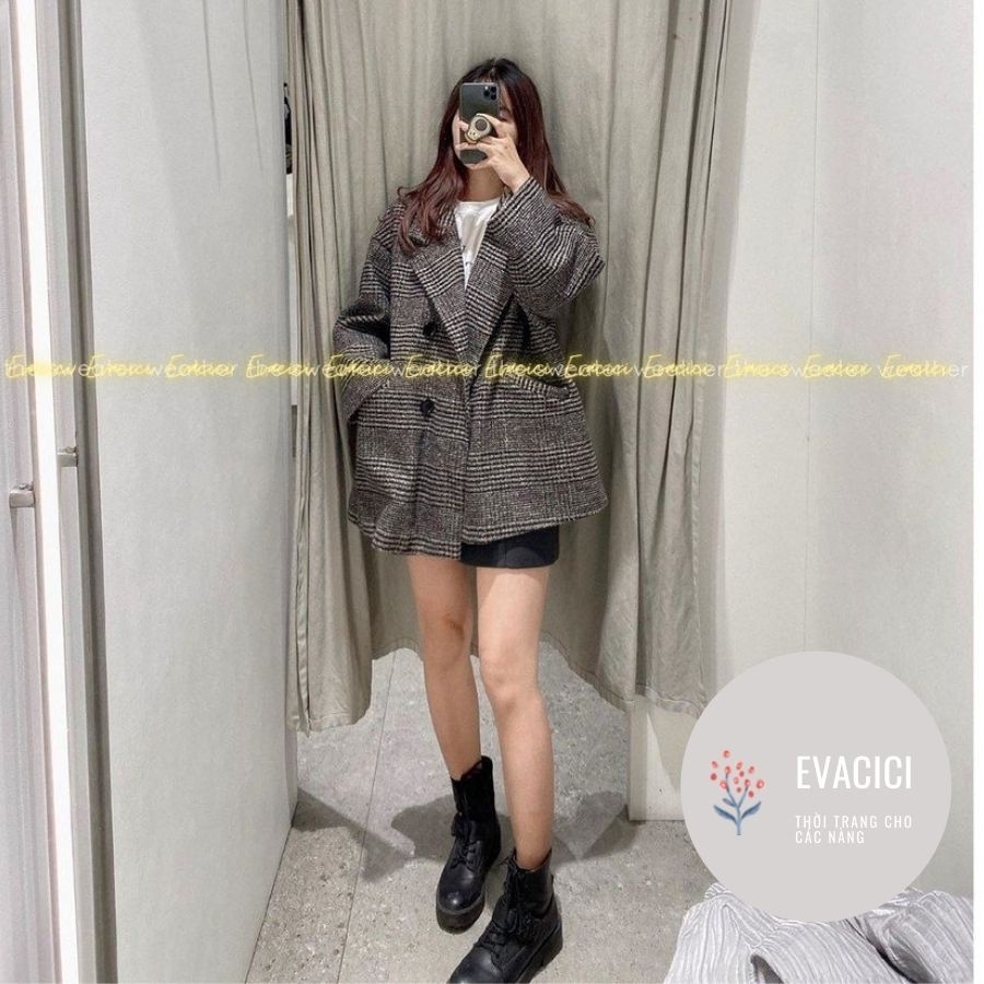 Áo khoác dạ nữ 2 lớp dày dặn from rộng hàn quốc cổ vest 1 khuy HOTHIT nâu đen