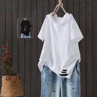 Áo hoodie tay ngắn cotton dáng rộng rách cá tính cho nữ