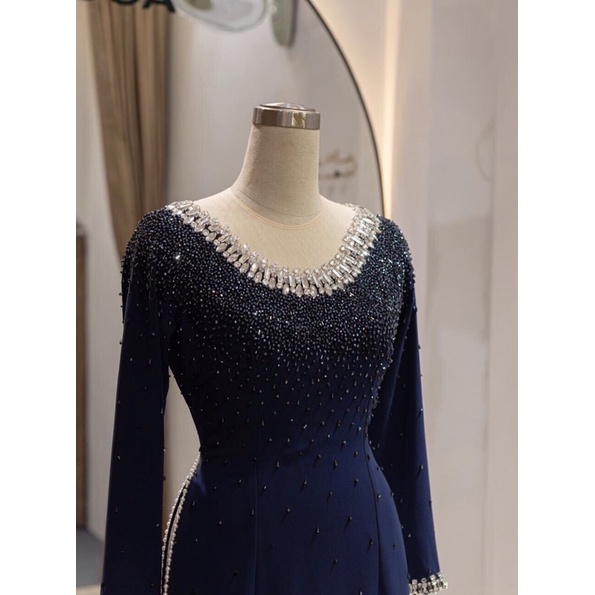 ÁO DÀI BÀ SUI XANH ĐEN ĐÍNH KẾT ĐÁ CAO CẤP