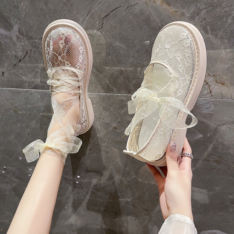 Giày Búp Bê Đế Mềm Phối Ren Lưới Đính Ngọc Trai