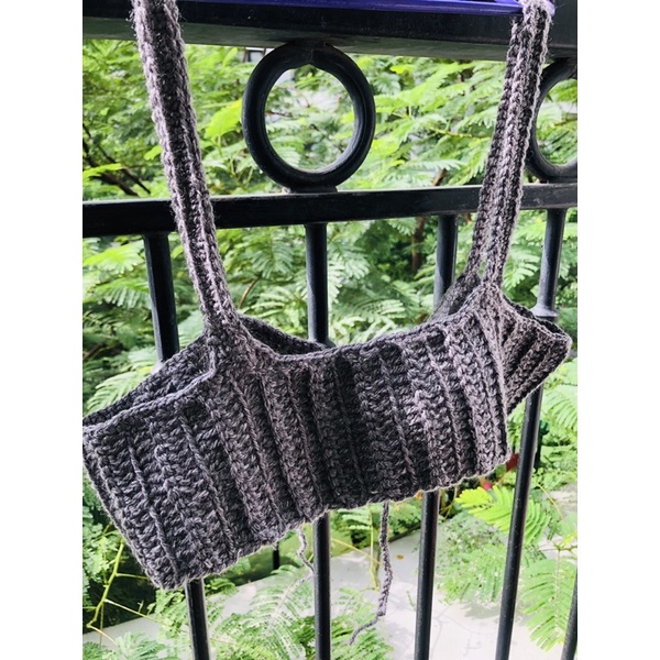 Áo bralette len móc áo croptop dáng bra thắt dây lưng ghi lông chuột