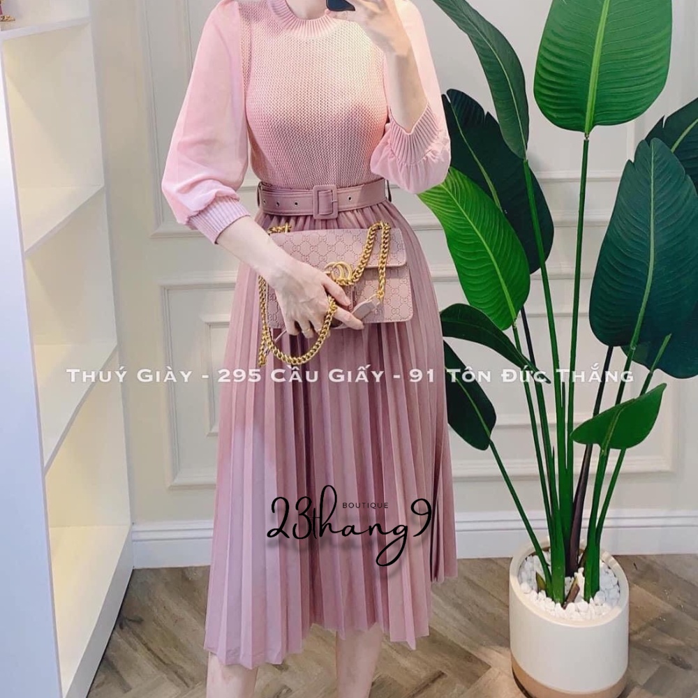 Chân váy xếp ly dài - chân váy midi dài lưng cao kèm đai vải QUẢNG CHÂU cao cấp màu đen be nâu công sở đi chơi