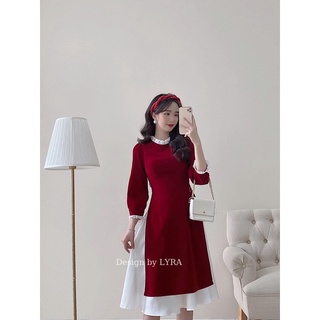Set nhung cách tân, váy lụa satin mềm, cổ và tay pha tơ