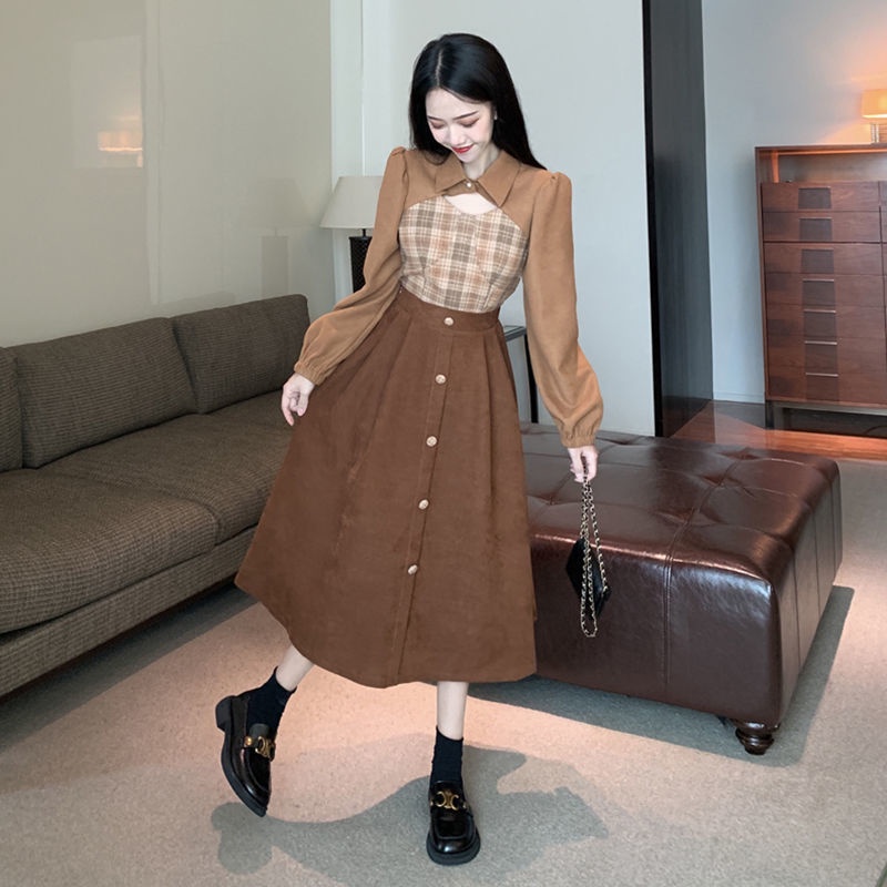 Set áo sơ mi dáng ngắn phối chân váy lưng cao thời trang cho nữ