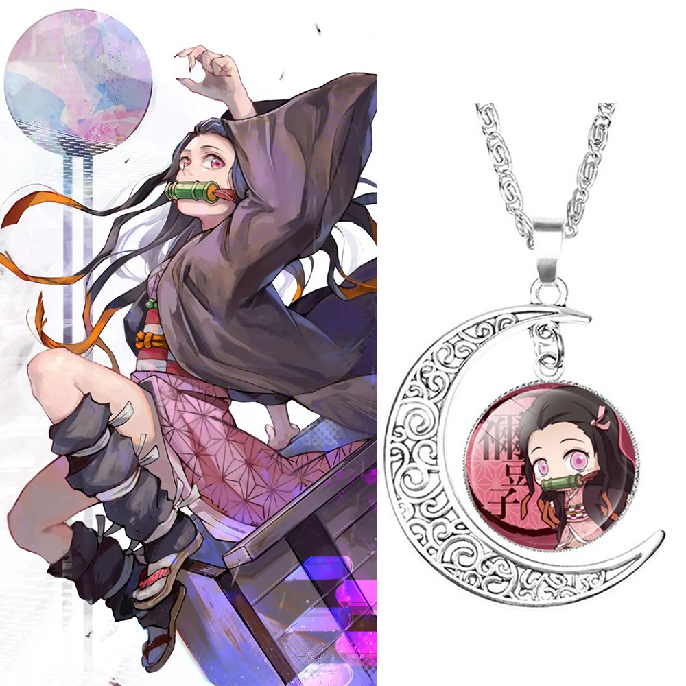 ALLGOODS Unisex Pendant Necklace Women Cosplay Necklace Anime Demon Slayer Necklace Kamado Tanjirou Moon Glass Men Kimetsu no Yaiba Time|Glass Jewelry