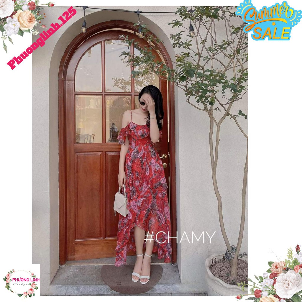 VÁY HOA ĐỎ 2S TRỄ VAI BÈO CHO NỮ | BigBuy360 - bigbuy360.vn