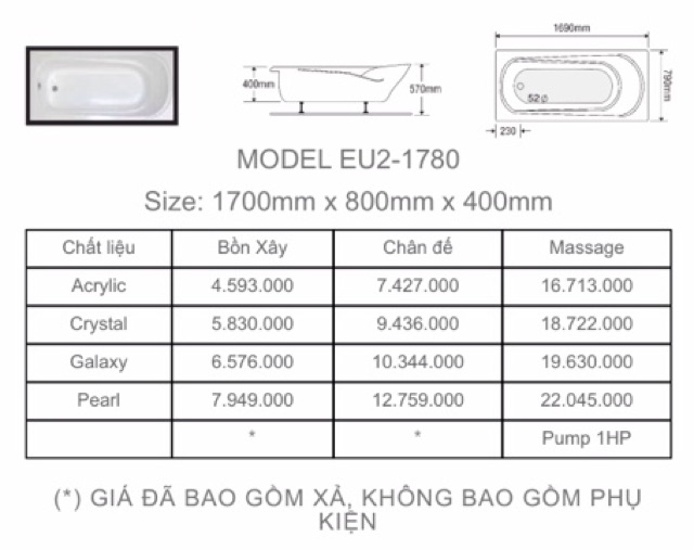 BỒN TẮM DÀI 2 YẾM EUROCA  - MODEL EU2 - 1780 - BẢO HÀNH 3 NĂM