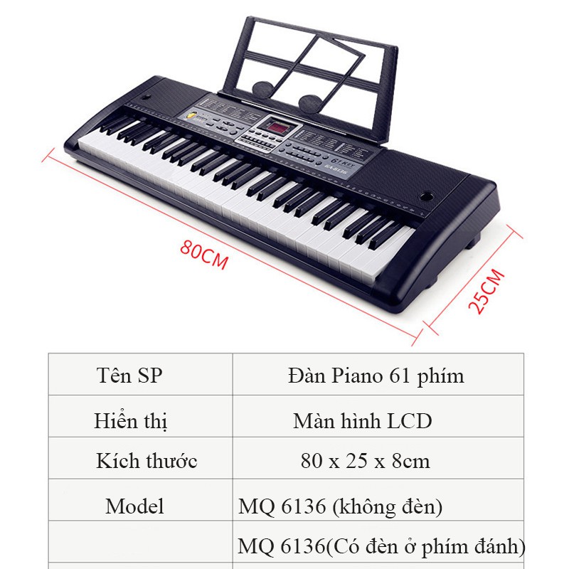 Đàn Piano cho bé Đàn điện tử 61 Phím Có Phát Sáng Phím Bấm Dành Cho Người Lớn Học Kèm Mic Sạc Giá Đỡ Âm Thanh Hay VTM