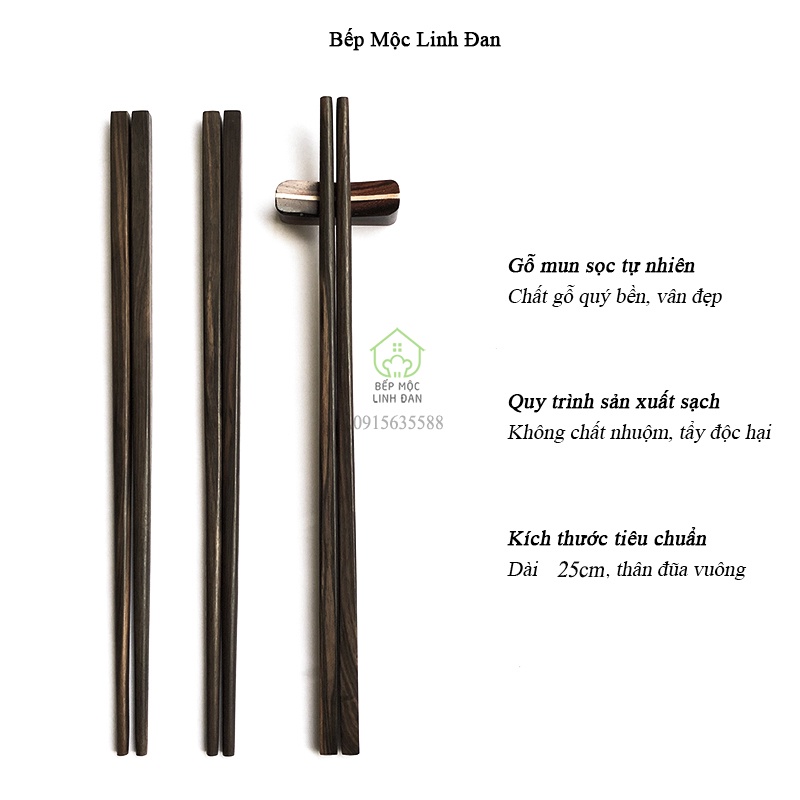 [Mã BMBAU50 giảm 10% đơn 99k] Đũa mun sọc tự nhiên - Gỗ mộc siêu sạch (CTL701MS) Bộ 10 đôi vuông