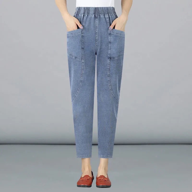 Quần Jeans Dài Lưng Cao Dáng Ôm Dày Dặn Thời Trang Mùa Thu Cho Nữ Trung Niên