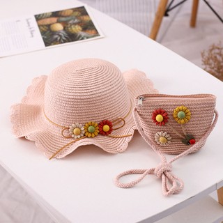 Set Mũ Và Túi Cói Đính Hoa Xinh Xắn Cho Bé Gái