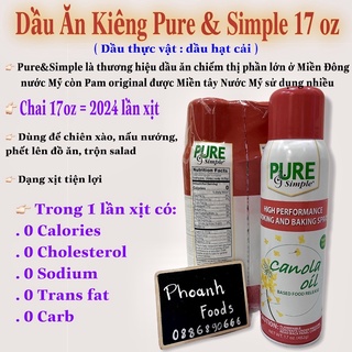 Dầu ăn kiêng 0 calories Pure & Simple 17oz 2040 lần xịt - hàng air  ( 0 calories 0 fat 0 carb )