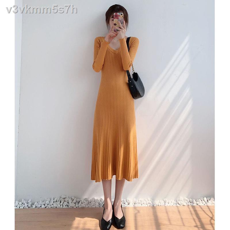 Knitted dress spring and autumn 2021 new temperament waist slimming long-sleeved bottoming skirt over the knee long fema | BigBuy360 - bigbuy360.vn