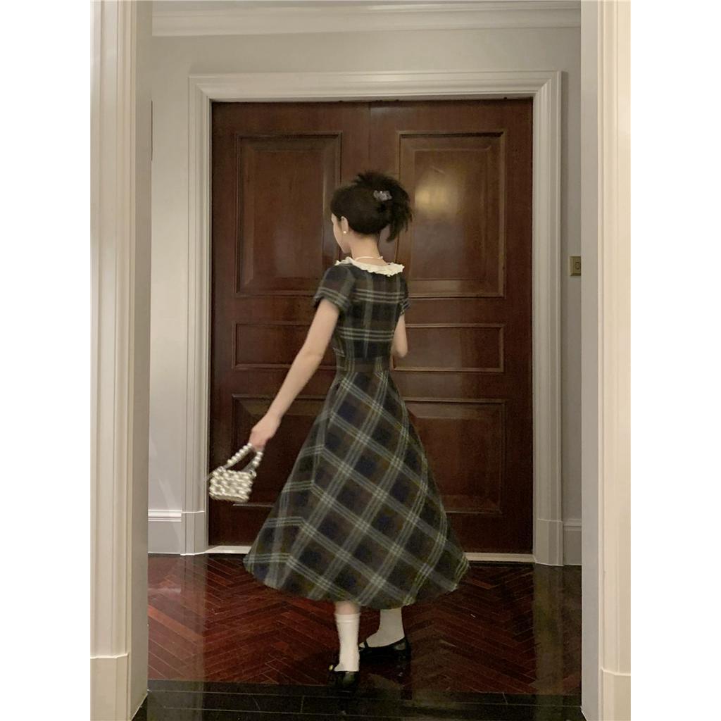 Platycodon Đầm Tay Ngắn Cổ Vuông Phối Ren Họa Tiết Kẻ Sọc Phong Cách Cổ Điển Thời Trang Cho Nữ