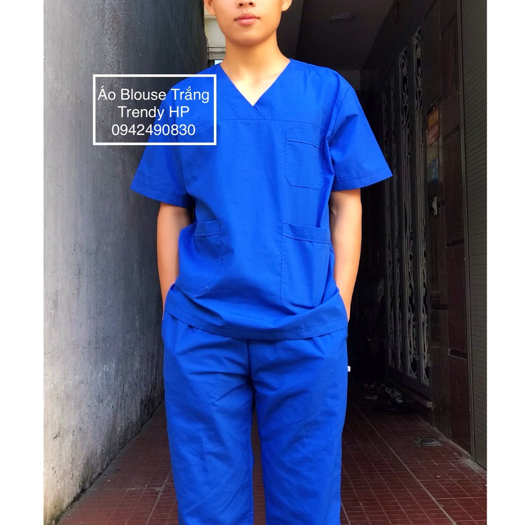 Bộ quần áo đồng phục cổ tim nam nữ cao cấp màu Xanh Cô Ban - bộ scrubs quần áo bác sĩ bệnh viện, đồng phục thẩm mỹ viện