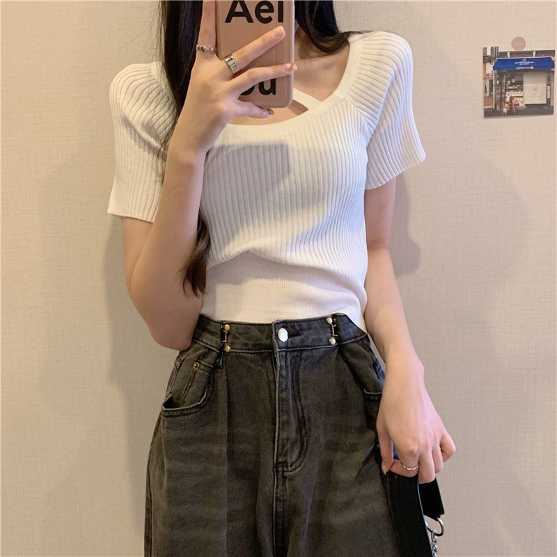 Áo Thun Dệt Kim Ngắn Tay Dây Đan Chéo Lưng Thời Trang
