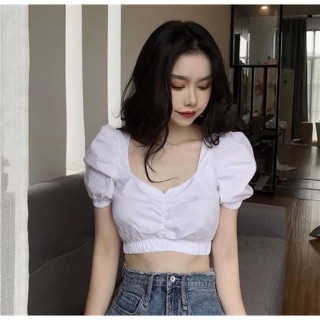 Áo crop trắng tay bồng