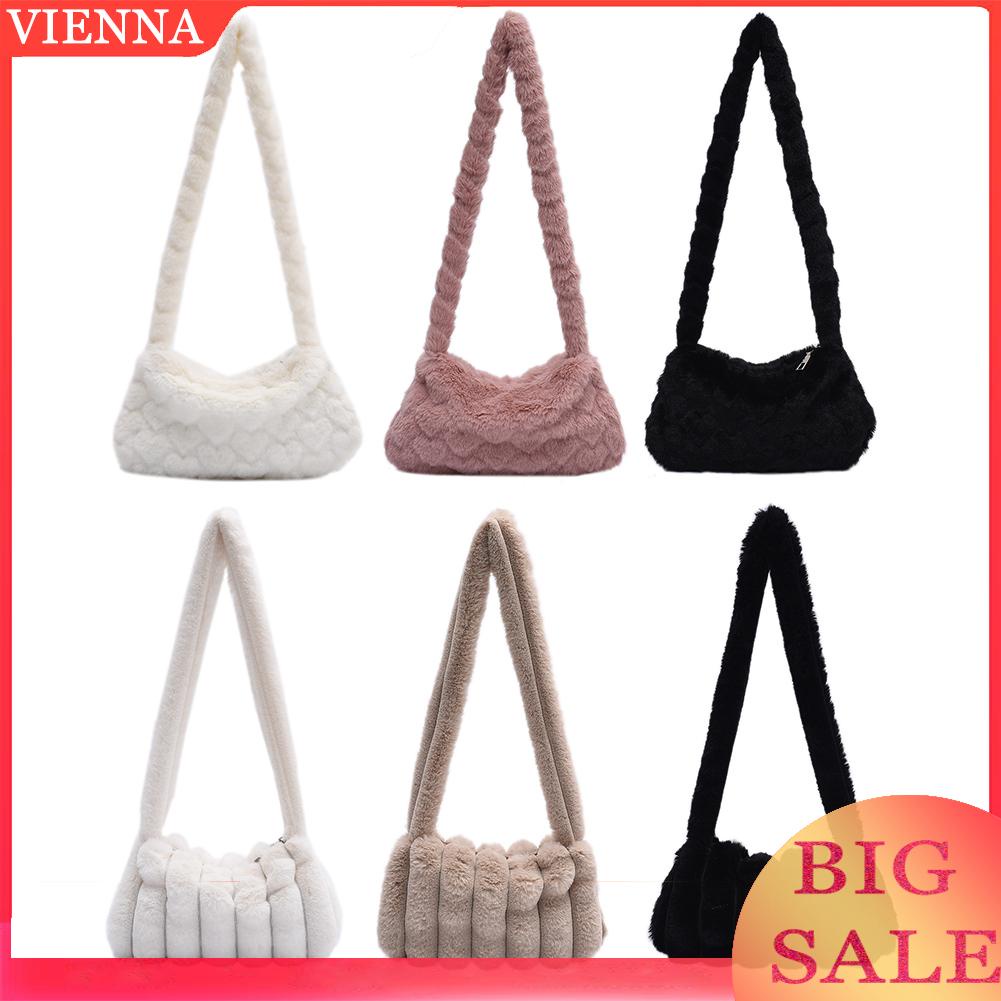 Túi xách kẹp nách vải lông mềm mại họa tiết trái tim phối khóa kéo hợp thời trang