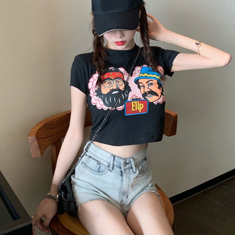 Áo Croptop Tay Ngắn Cổ Tròn Hoạ Tiết In Phong Cách Hàn Quốc