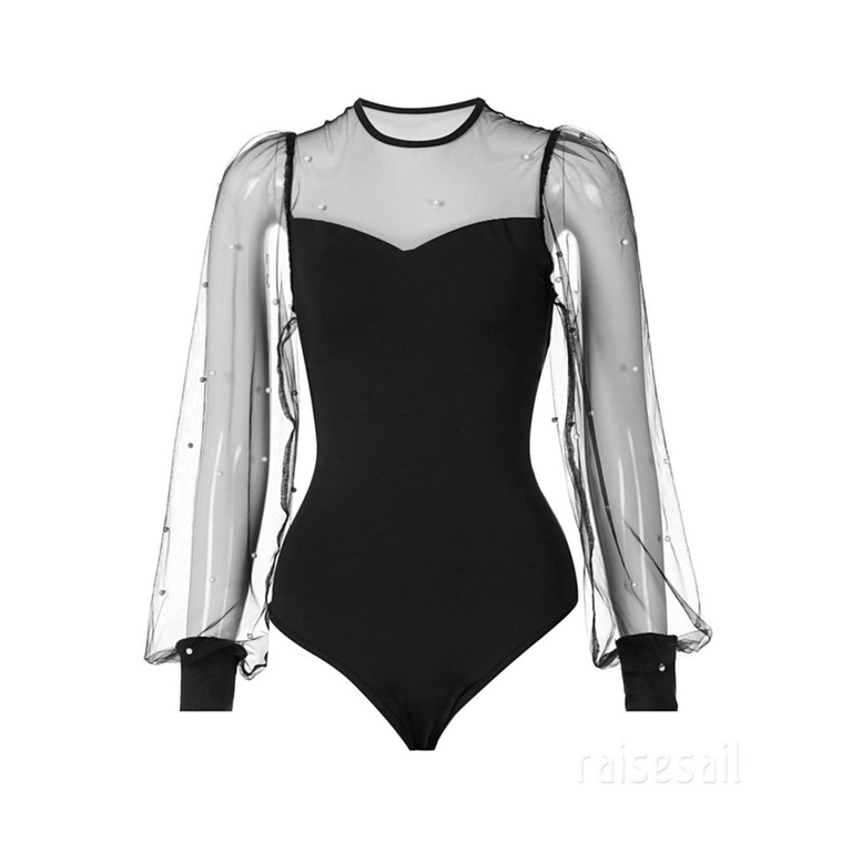 Áo Liền Quần Tay Dài Cổ Tròn Màu Trơn Lưng Cao Phối Lưới Thời Trang Cho Nữ | BigBuy360 - bigbuy360.vn