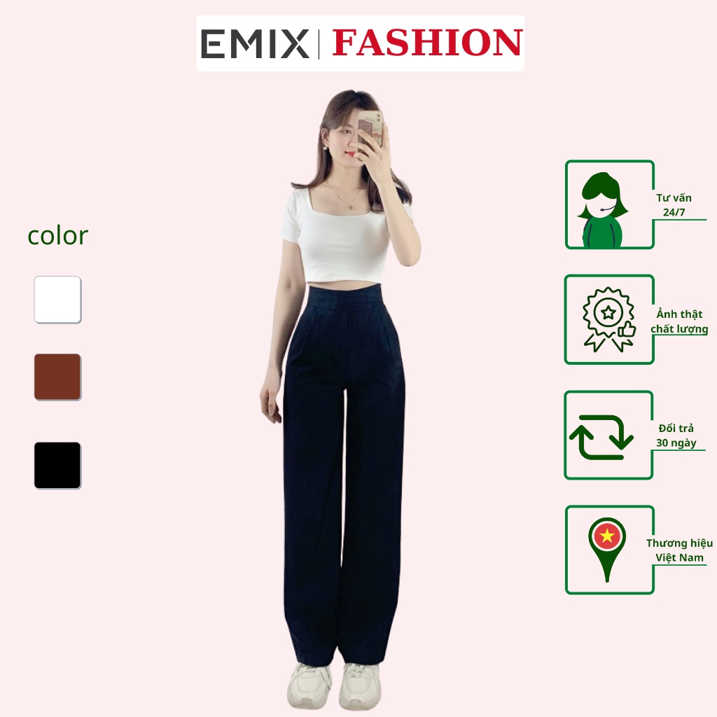 Quần ống rộng kiểu dán vải cao cấp EMIX (3 màu), basic, dáng dài, cạp cao, ống suông, rộng, vải tuytxi đẹp 001