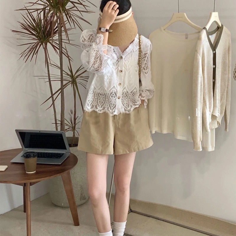 Áo Cardigan Ren Tay Dài Phồng Cổ Chữ V Phối Nút Phong Cách Pháp Thời Trang Mùa Xuân 10MK Cho Nữ