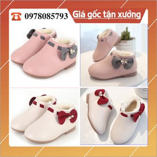 Giày boot cổ thấp chất liệu giả da đính nơ Cực Xinh dành cho bé gái