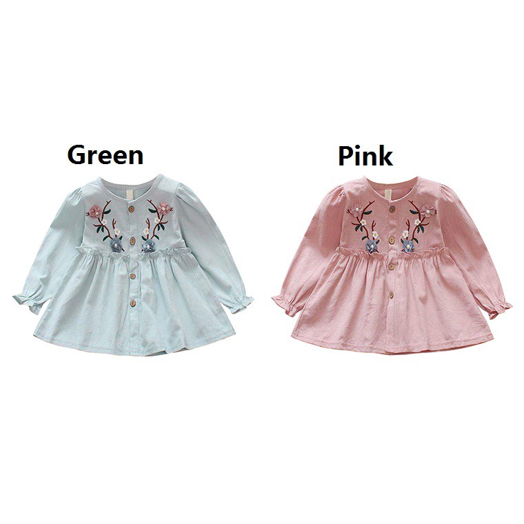 Đầm tay dài vải cotton mềm mại với họa tiết thêu hoa lá đáng yêu cho bé gái