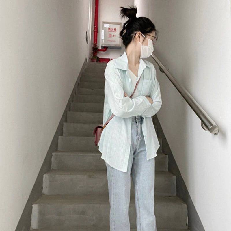 Áo Sơ đũi sọc tay dài có túi Quảng châu form rộng dài nữ