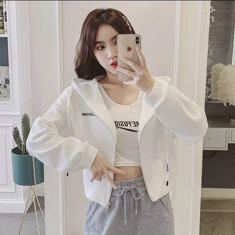 Áo khoác croptop Nữ thêu chữ, chất Nỉ khồng xù lông