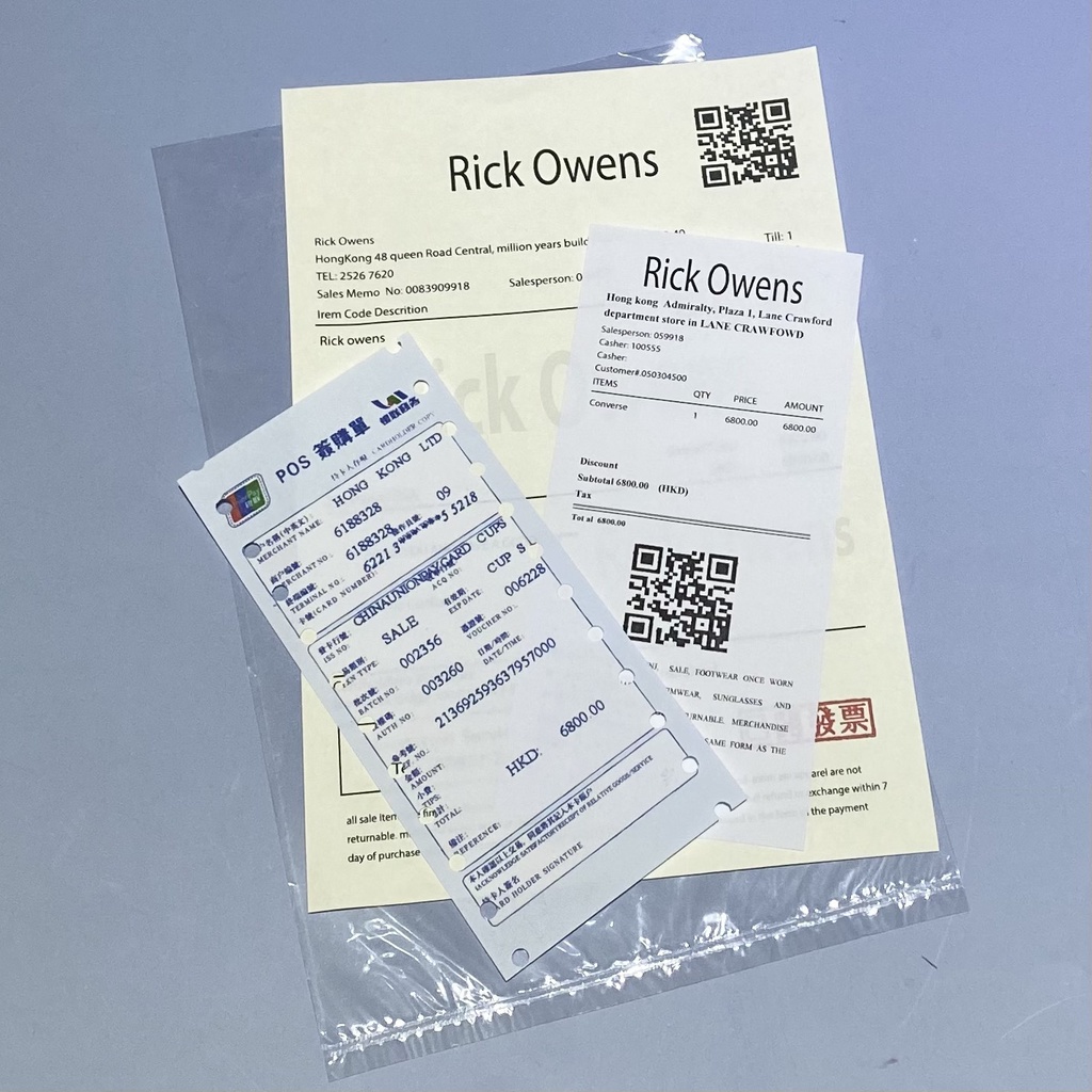 Bộ set bill thẻ hóa đơn phụ kiện mũ nón quần áo giày dép R.i.c.k O.w.e.n.s chuẩn Auth check QR code