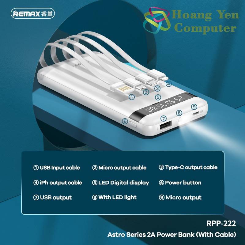 Sạc Dự Phòng Remax RPP-222 10000mAh (Tích Hợp 4 Đầu Cáp, Lỗi Polymer Siêu Bền) - BH 12 Tháng - Hoàng Yến Computer