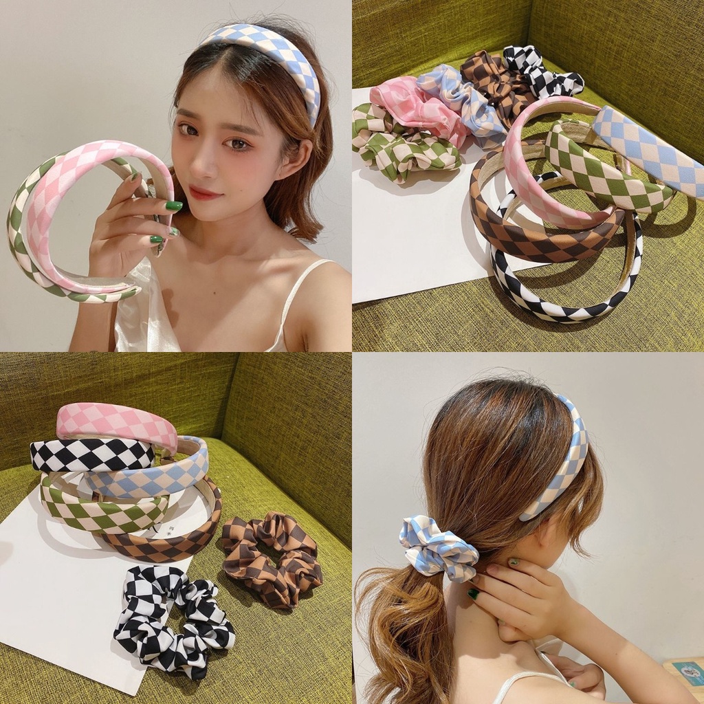 Dây Cột Tóc Bản Rộng Bằng Vải Kẻ Sọc Caro